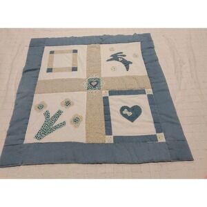 Small baby quilt Blue Beige Bunny Flowers Heart Vtg Square 32Lx34W 90's